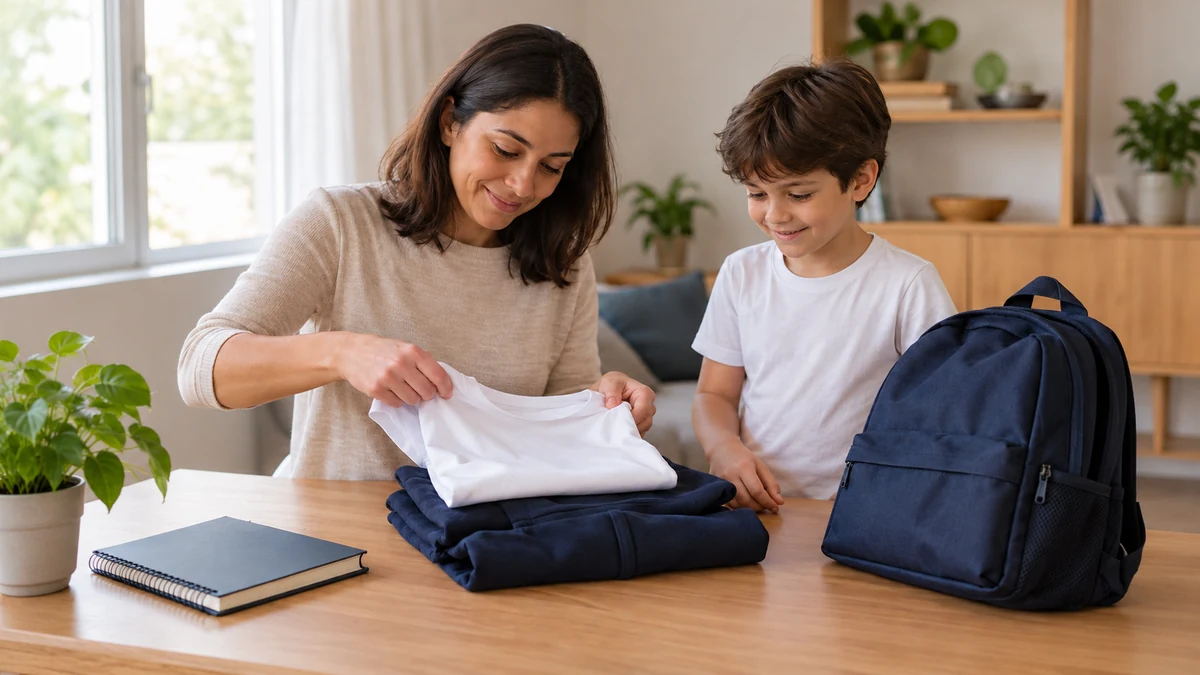 Mulher dobrando uma camiseta branca sobre peças azul-marinho do uniforme escolar, ao lado de um menino e de uma mochila