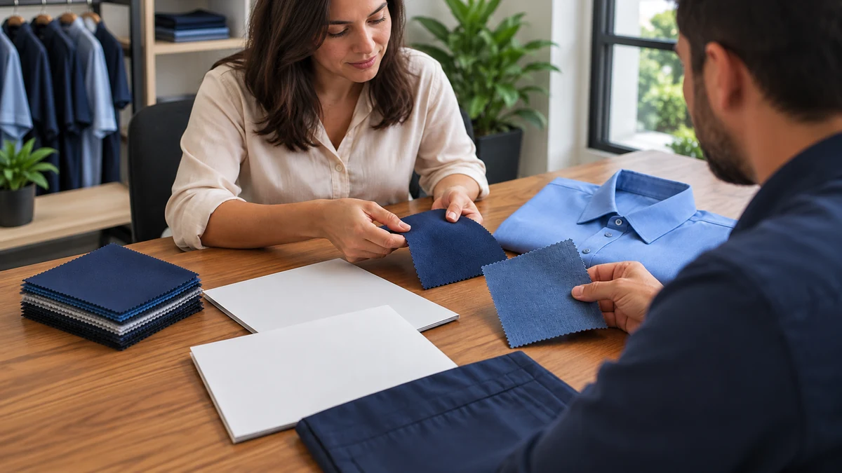 Duas pessoas comparando amostras de tecido e propostas de uniforme sobre a mesa