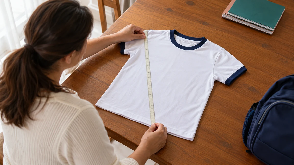 Mulher medindo com fita métrica o comprimento de uma camiseta escolar branca com gola azul-marinho sobre a mesa
