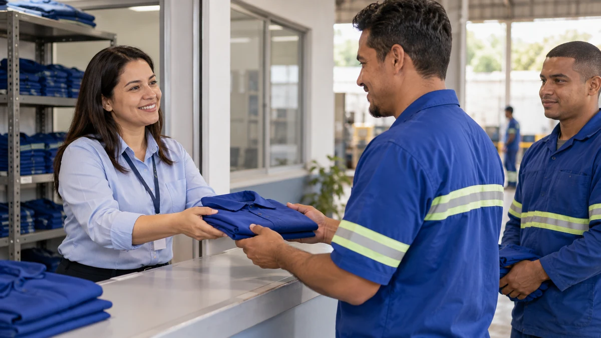 Gestora de RH entregando uniformes com a logo da empresa para colaboradores numa fábrica