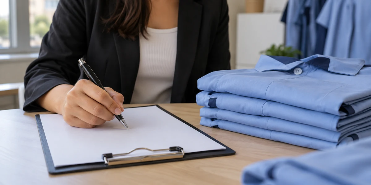 Ficha de entrega de uniforme preenchida e assinada, ao lado de camisas dobradas