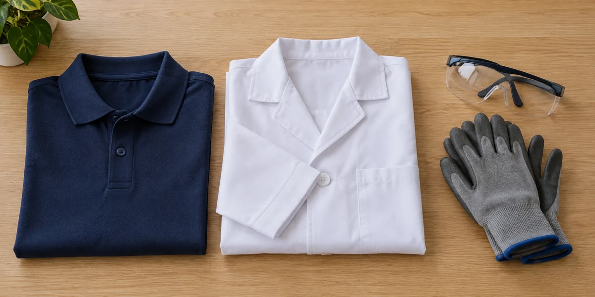 Camisa polo de uniforme, jaleco de vestimenta de trabalho e luvas de EPI lado a lado sobre uma mesa