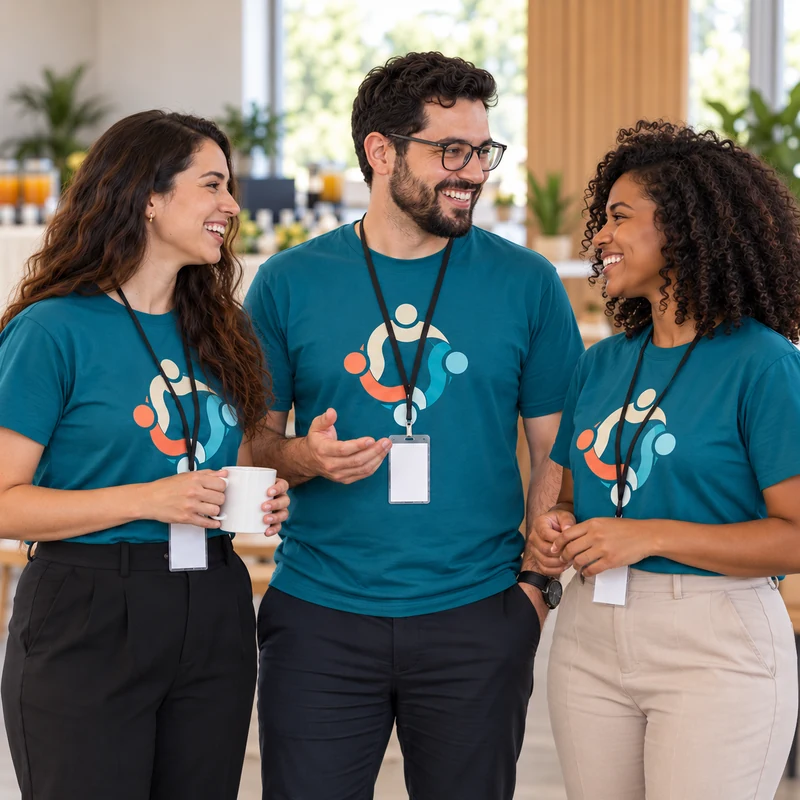 Equipe com camisetas iguais e crachás num evento