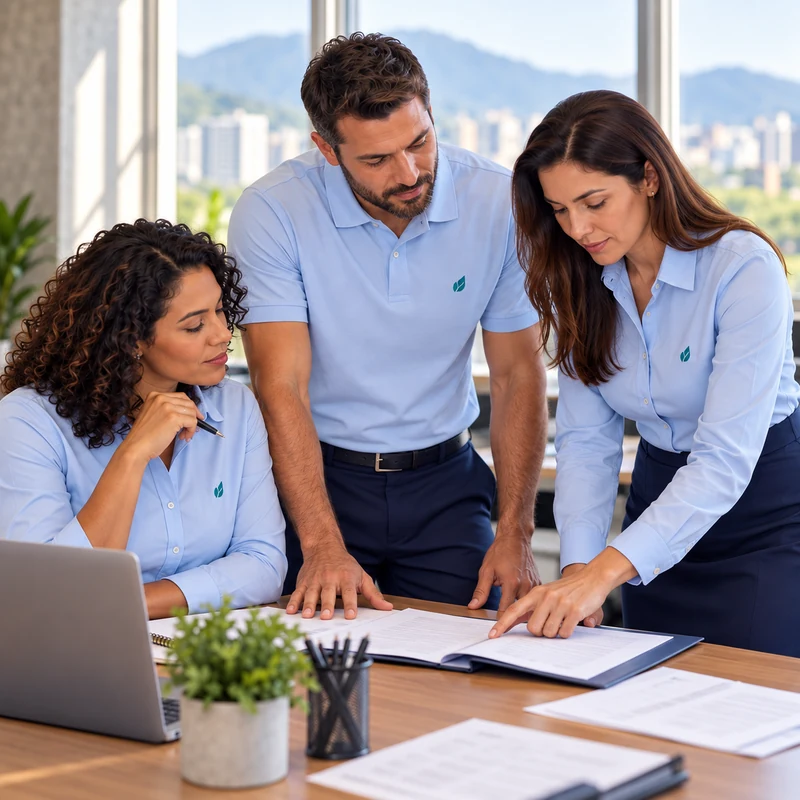 Equipe de escritório com camisa polo de uniforme numa mesa de reunião