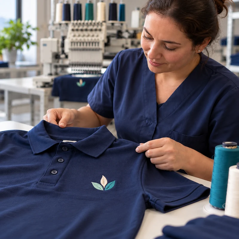 Costureira conferindo a logo bordada numa camisa polo azul-marinho