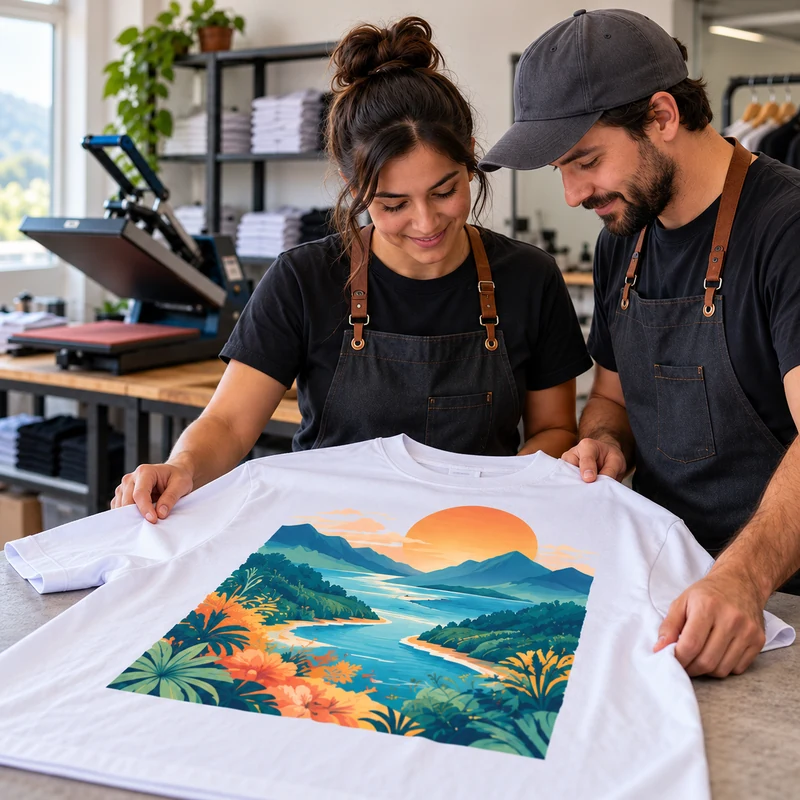 Camiseta branca com arte colorida aplicada em DTF