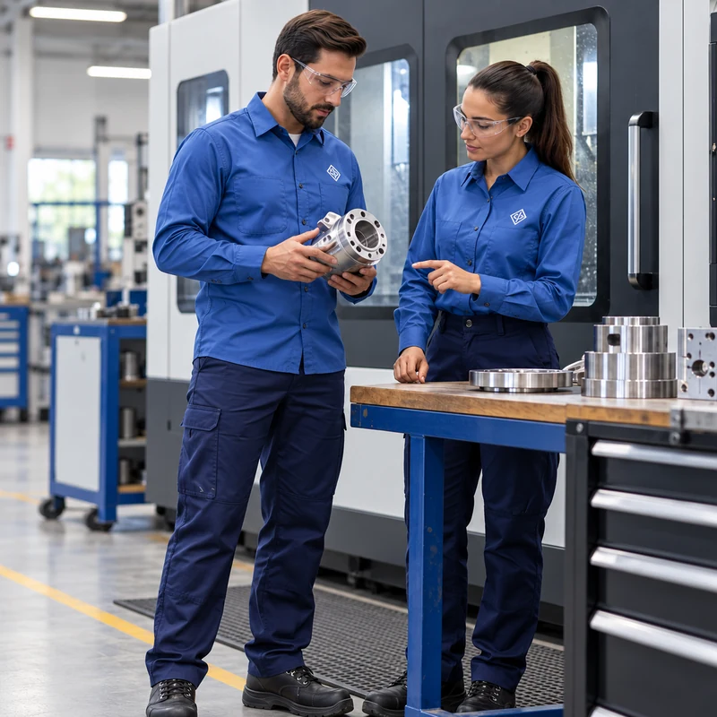 Dois operadores de indústria com uniforme azul ao lado de uma máquina