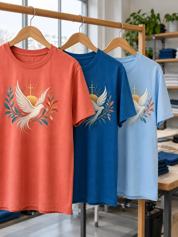 Camisetas com estampa religiosa em DTF de pomba, cruz e ramos