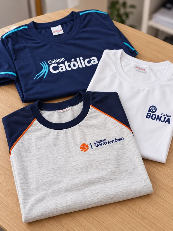 Uniformes da Católica, do Bonja e do Santo Antônio sobre uma mesa