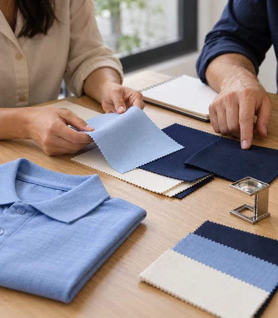 Amostras de tecido de uniforme sobre a mesa de reunião