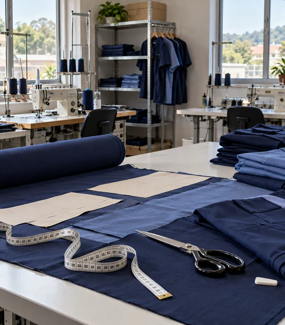 Mesa de corte com tecido azul-marinho, fita métrica e tesoura numa confecção de uniformes
