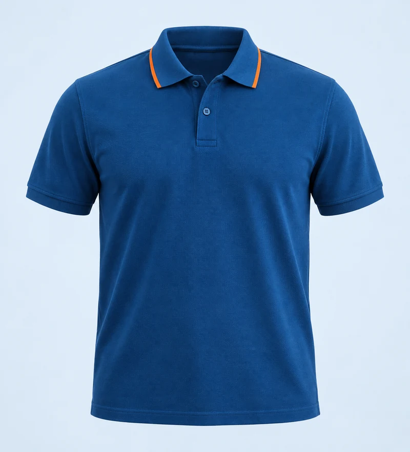 Visualização de camisa polo azul com detalhes alaranjados