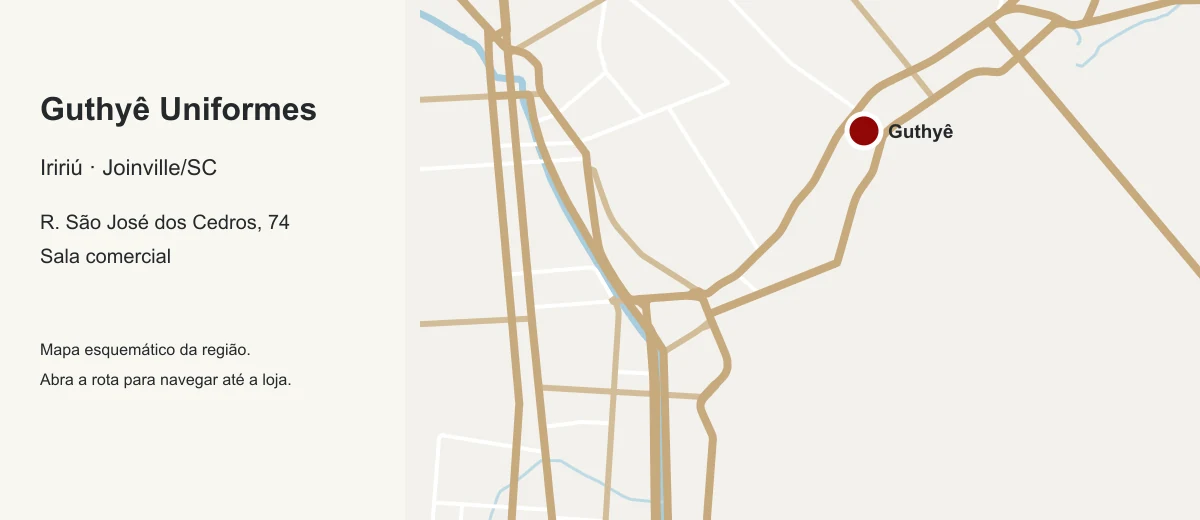 Mapa da região do Iririú, em Joinville, com a localização da loja Guthyê Uniformes