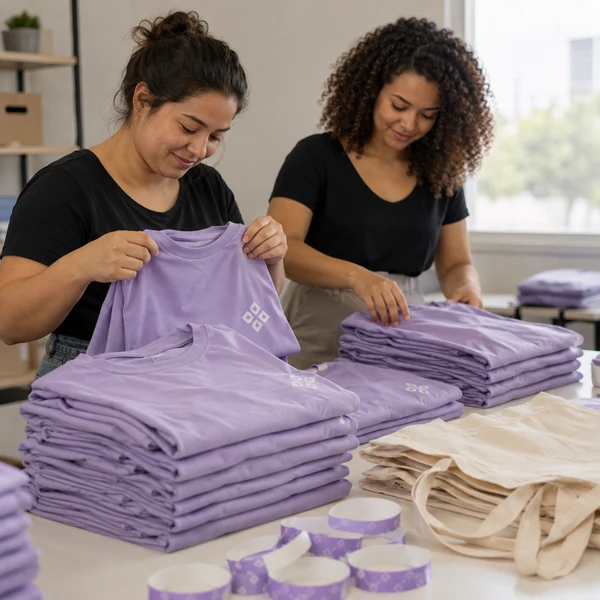 Camisetas de evento empilhadas, prontas para entrega
