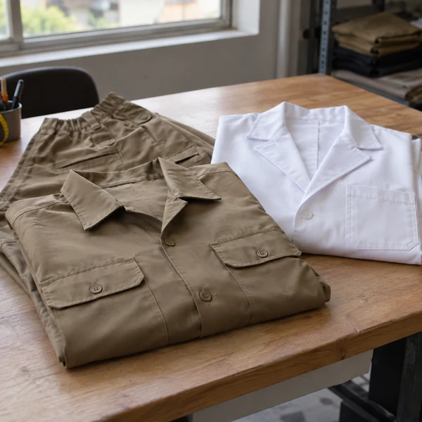 Camisa e calça de uniforme industrial dobradas